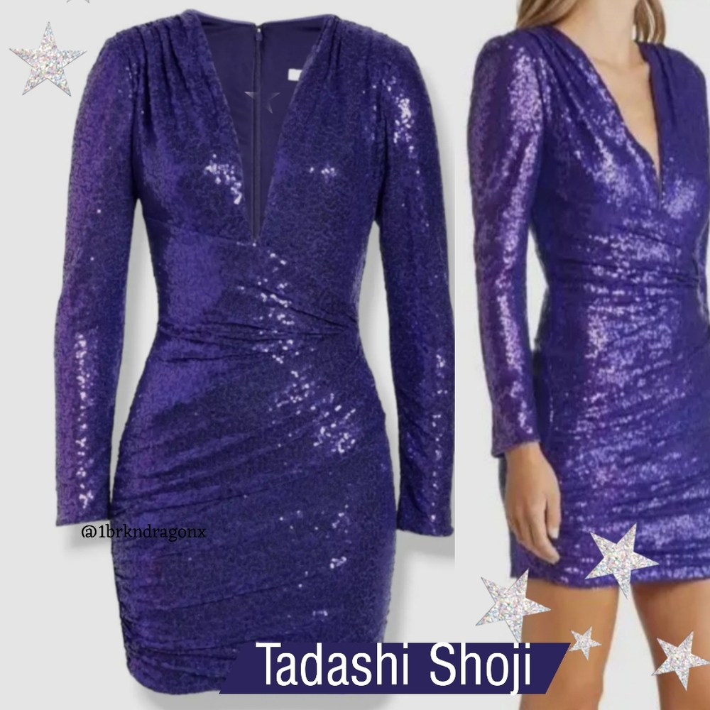 NWT Tadashi Shoji Royal Purple Cocktail Dress Midi Sequin Stretch Evening Party - Picture 12 of 14